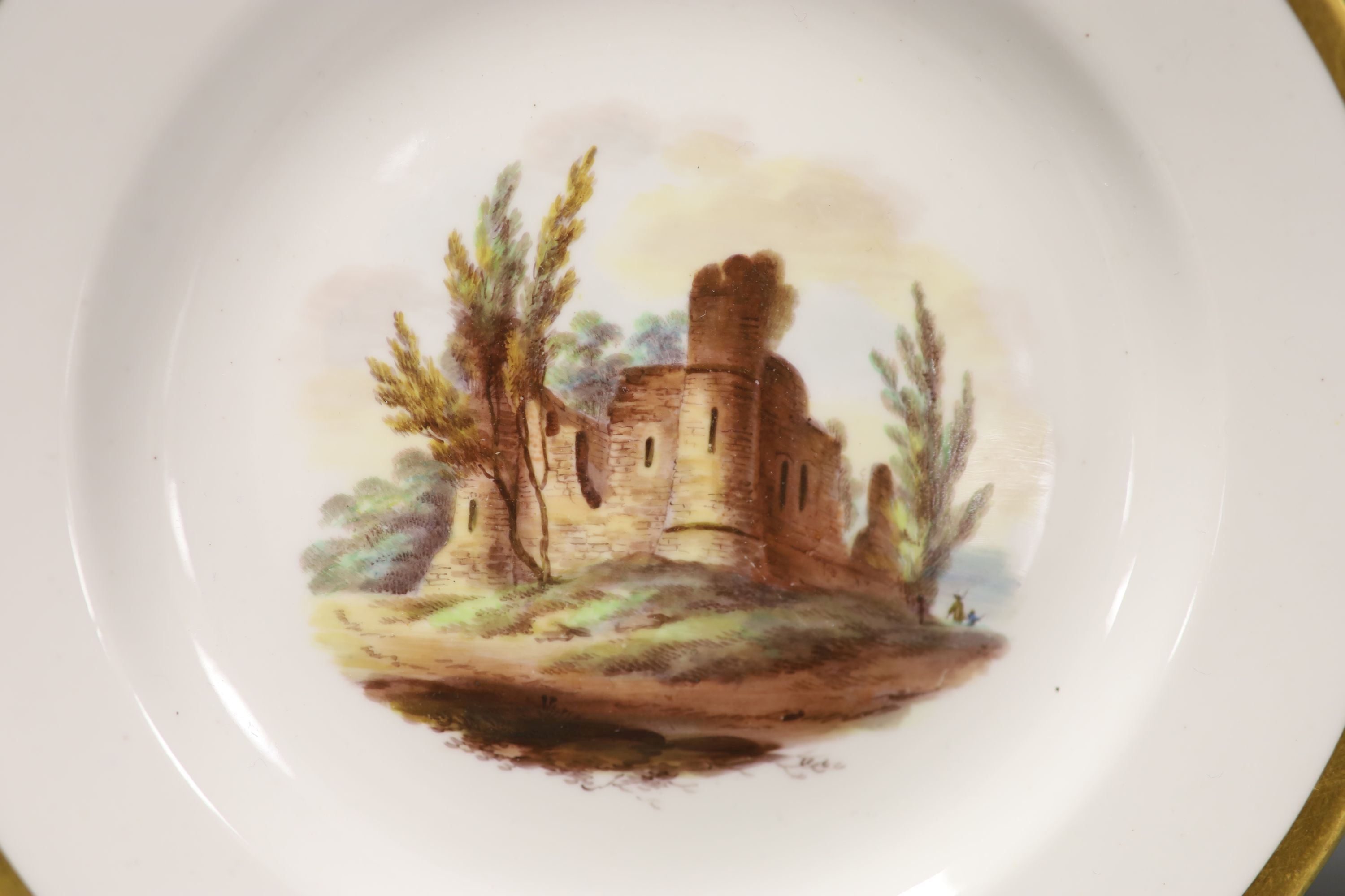 Two Spode painted plates with landscape scenes Conisbrough Castle, Bridge on River Trent, c.1820, diameter 18cm